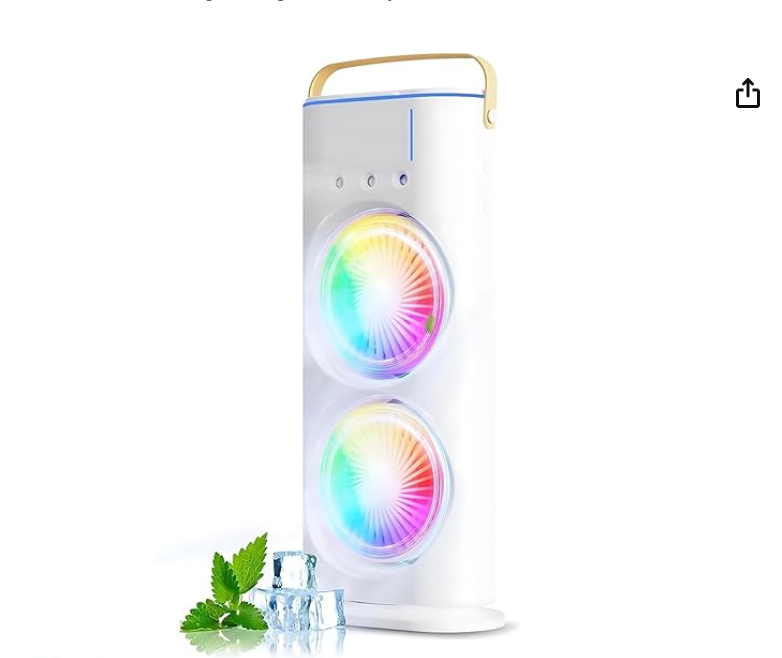 Mini Cooler Double Fan, 2026 USB Rechargeable 3-Speed Quiet Dual Spray Fan, Air Cooler with LED, Remote & 280ml Tank for Home, Office, Energy Saving