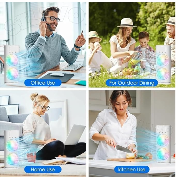 Mini Cooler Double Fan, 2026 USB Rechargeable 3-Speed Quiet Dual Spray Fan, Air Cooler with LED, Remote & 280ml Tank for Home, Office, Energy Saving