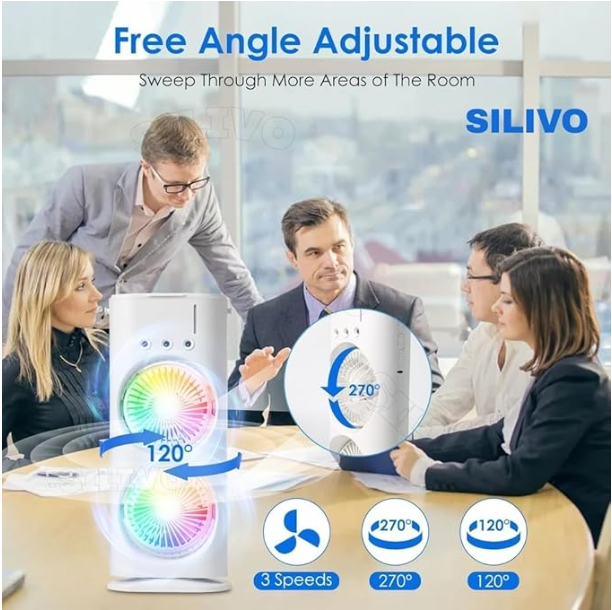 Mini Cooler Double Fan, 2026 USB Rechargeable 3-Speed Quiet Dual Spray Fan, Air Cooler with LED, Remote & 280ml Tank for Home, Office, Energy Saving