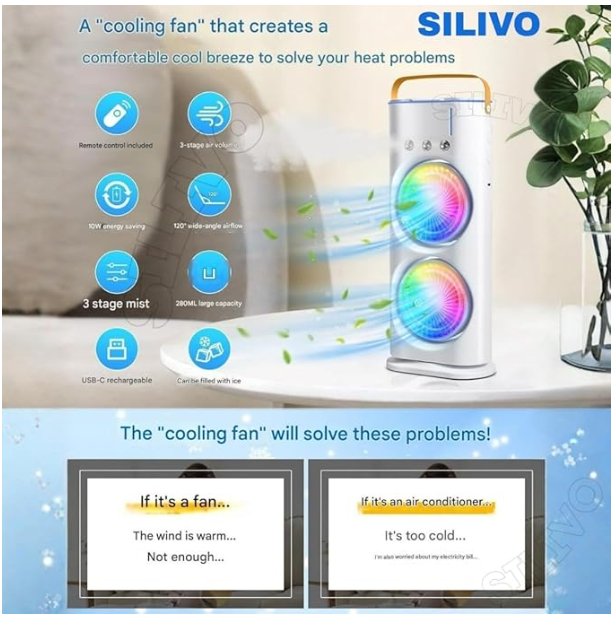 Mini Cooler Double Fan, 2026 USB Rechargeable 3-Speed Quiet Dual Spray Fan, Air Cooler with LED, Remote & 280ml Tank for Home, Office, Energy Saving