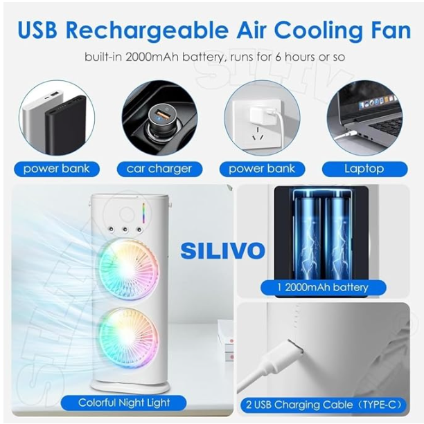 Mini Cooler Double Fan, 2026 USB Rechargeable 3-Speed Quiet Dual Spray Fan, Air Cooler with LED, Remote & 280ml Tank for Home, Office, Energy Saving