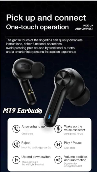 M19 Wireless Earbuds, Bluetooth 5.3, Touch Controls, Noise Cancelling, Bass Boost, with Mic, LED Power Display Charging Case, Black