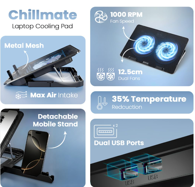 Lapcare Chillmate Powerful Laptop Cooler Pad with Dual 125mm Fans, Silent Operation Noisele