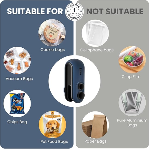 Seznik Sealing Machine for Food Packets - Portable Handheld Sealing, Snacks, Chips, Fresh Storage - Mini Sealing Machine, 1 YEAR Warranty