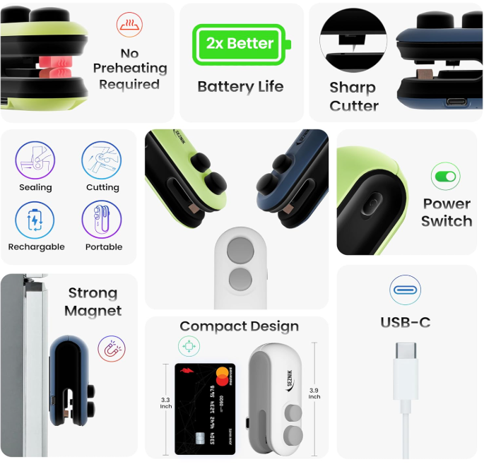 Seznik Sealing Machine for Food Packets - Portable Handheld Sealing, Snacks, Chips, Fresh Storage - Mini Sealing Machine, 1 YEAR Warranty