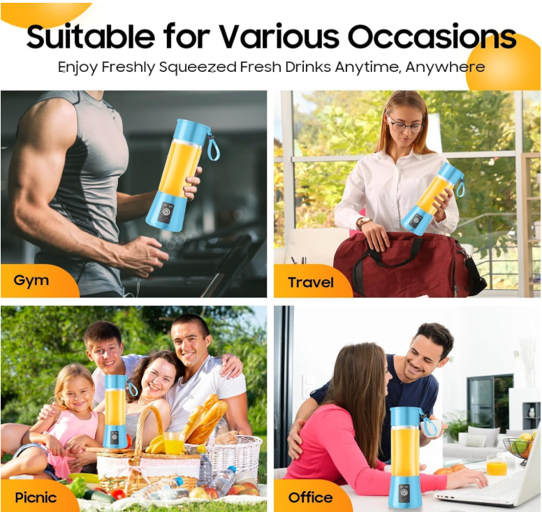 Portable 6-Blade Juicer Blender with Built-In Jar, Juice Mixer Bottle, Fruit Juice Machine, USB Rechargeable Personal Size Juicer Grinder for Juices, Kitchen Appliance for Protein & Milk Shakes (MultiColor) (S2)