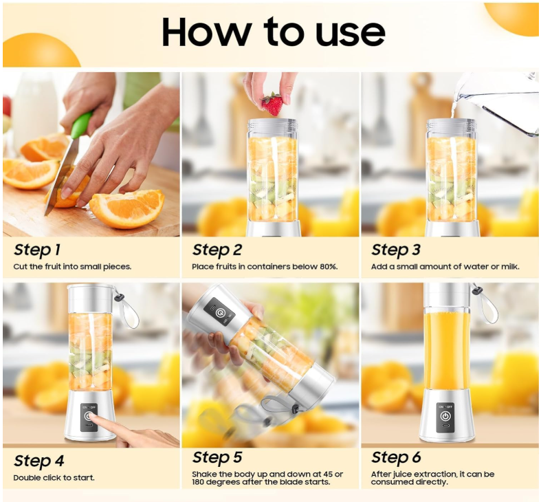 Portable 6-Blade Juicer Blender with Built-In Jar, Juice Mixer Bottle, Fruit Juice Machine, USB Rechargeable Personal Size Juicer Grinder for Juices, Kitchen Appliance for Protein & Milk Shakes (MultiColor) (S2)