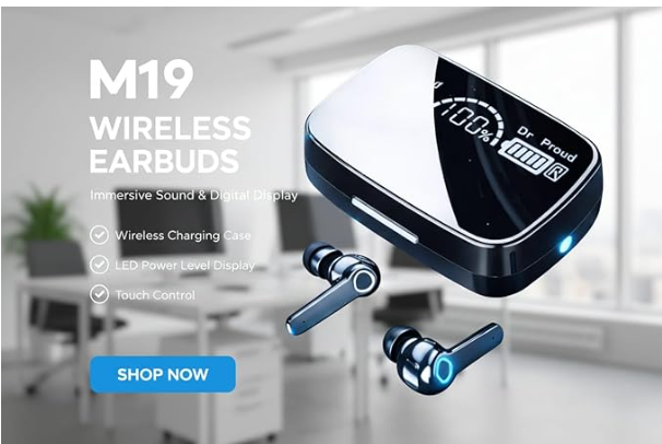 M19 Wireless Earbuds, Bluetooth 5.3, Touch Controls, Noise Cancelling, Bass Boost, with Mic, LED Power Display Charging Case, Black