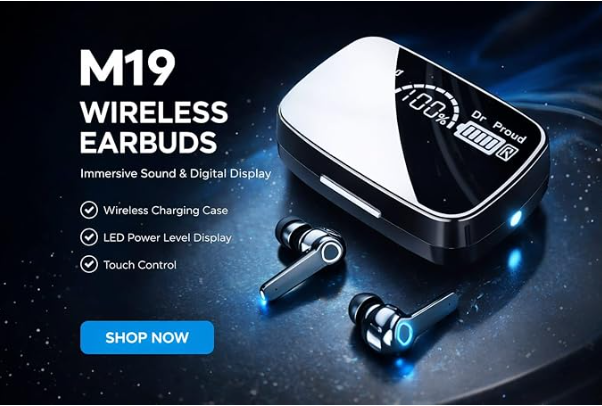 M19 Wireless Earbuds, Bluetooth 5.3, Touch Controls, Noise Cancelling, Bass Boost, with Mic, LED Power Display Charging Case, Black